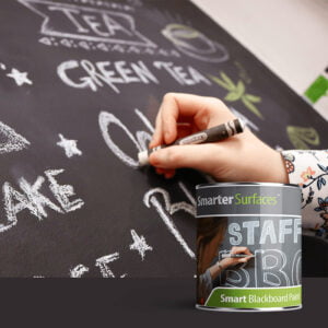 Smart chalkboard paint product photo and in use