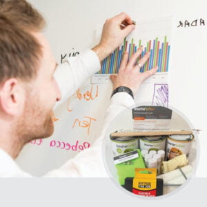 Smart magnetic whiteboard paint white in use with kit on display