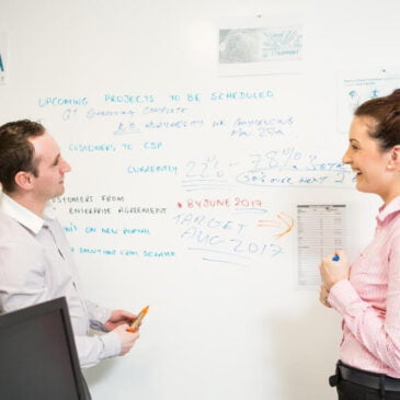 Standing meeting using smart magnetic whiteboard paint white