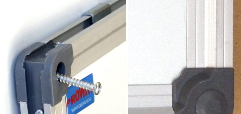 Whiteboard corners and screws—designed for secure mounting and a sleek, finished look, ensuring your whiteboard stays firmly in place.